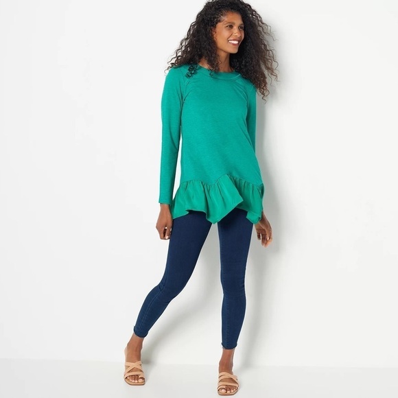 LOGO Lounge by Lori Goldstein French Terry Top with Charmeuse Hem in Green Sz L - Picture 11 of 11